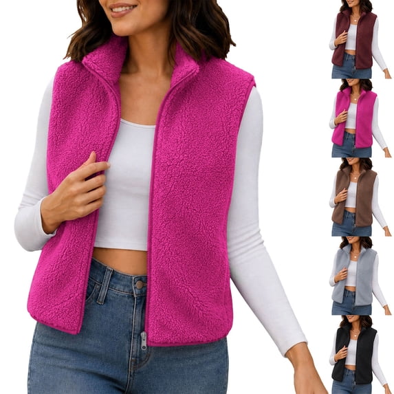 Smsaxvxz Women's Fleece Vest with Zip Pockets Lightweight Solid Sleeveless Warm Tops for Work Travel Outdoor Pink S