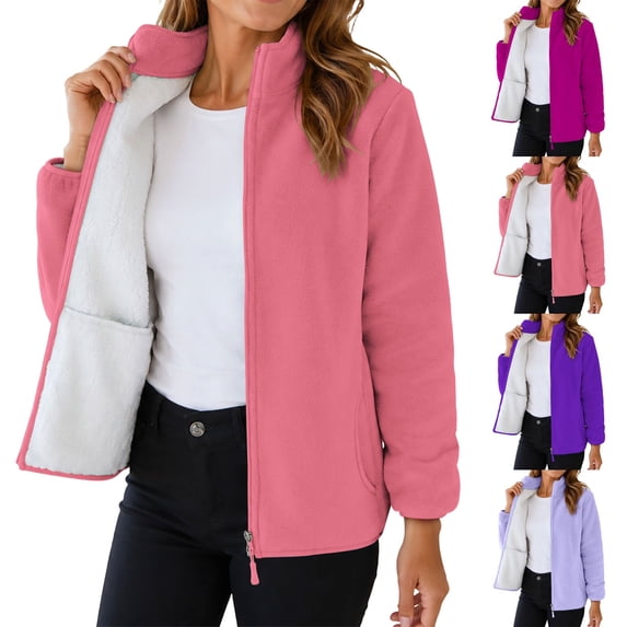 Smsaxvxz Women's Full Zip Soft Polar Fleece Jacket Fashion Solid Outdoor Recreation Coat Lightweight Winter Fall Outerwear Pink 2XS