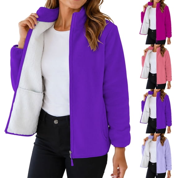 Smsaxvxz Women's Full Zip Soft Polar Fleece Jacket Fashion Solid Outdoor Recreation Coat Lightweight Winter Fall Outerwear Purple 2XS