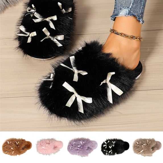 Smsaxvxz Women's Fuzzy Bow Slippers Warm Cozy Soft Lightweight Memory ...