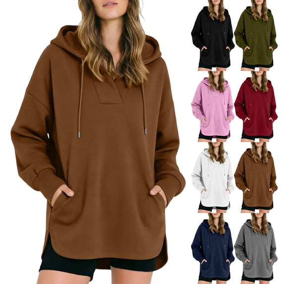 Smsaxvxz Women's Hooded Sweatshirts 2026 Fall Fashion Long Sleeve Pullover Tops Loose Fit Winter Clothes Brown M