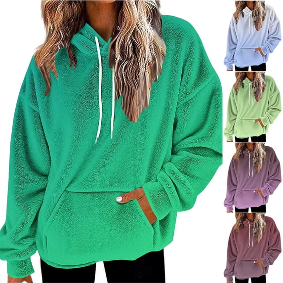 Smsaxvxz Women's Hoodies Gradient Fleece Long Sleeve Hooded Sweatshirts Drop Shoulder Pullover Tops with Pocket Winter Warm Blouse Green M
