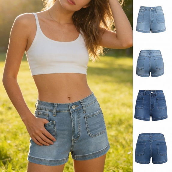 Smsaxvxz Women's Jean Shorts Summer Fashion High Waist Elastic Denim Short with Pockets Casual Loose Jeans Jorts Light Blue 2XL