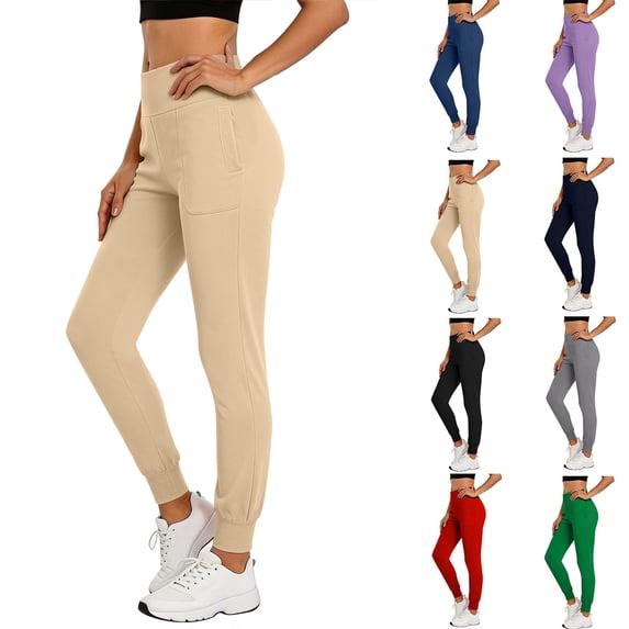 Smsaxvxz Women’s Jogger Yoga Pants Casual Soft with Pockets High Waisted Athletic Workout Running Trousers Beige S