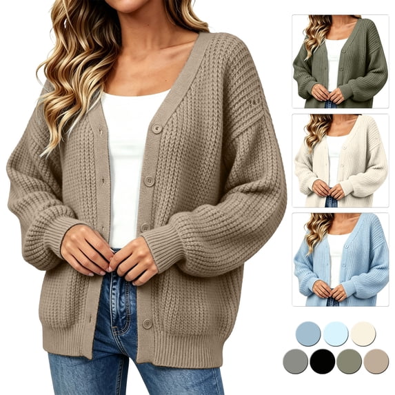 Smsaxvxz Women's Knit Cardigan Oversized V Neck Button Front Lantern Sleeve Chunky Casual Fall Winter Sweater Outerwear