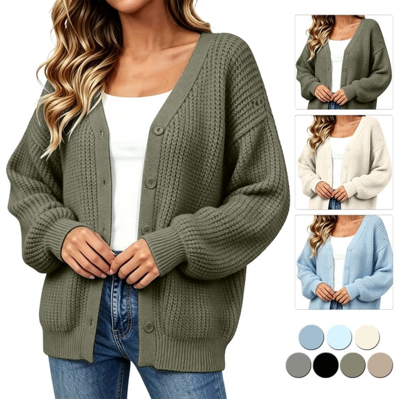 Smsaxvxz Women's Knit Cardigan Oversized V Neck Button Front Lantern Sleeve Chunky Casual Fall Winter Sweater Outerwear