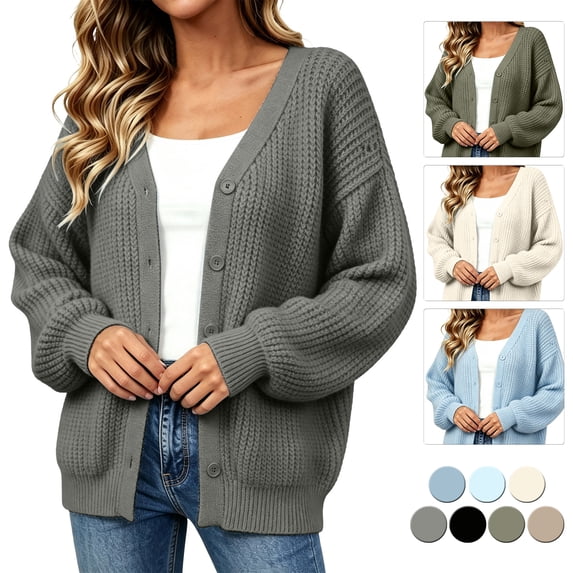 Smsaxvxz Women's Knit Cardigan Oversized V Neck Button Front Lantern Sleeve Chunky Casual Fall Winter Sweater Outerwear