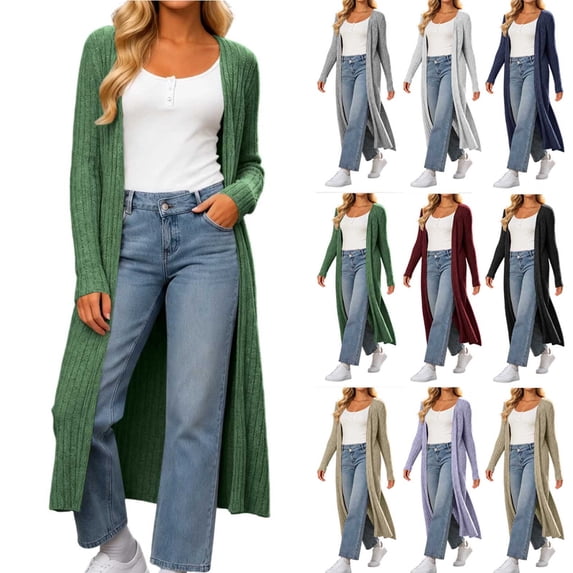 Smsaxvxz Women's Long Cardigan Plus Size Knitted Oversized Sweater with Pockets Green 2XL