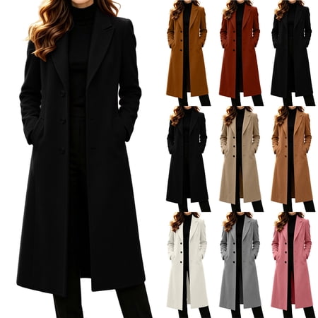Smsaxvxz Women's Long Pea Coat Shawl Collar Single Breasted Fall Winter Trench Coat Overcoat Black L