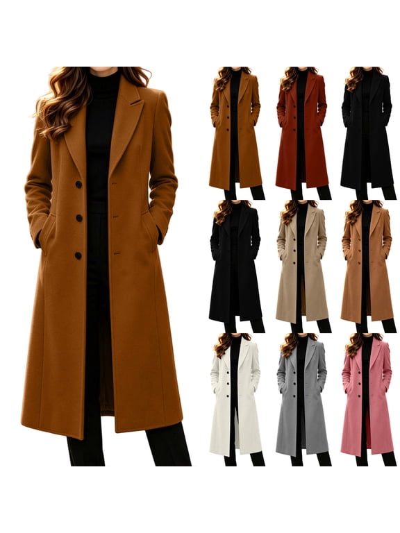 Women's Long Pea Coat Shawl Collar Single Breasted Fall Winter Trench Coat Overcoat Brown 2XL