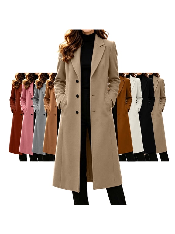 Women's Long Pea Coat Notched Collar Single Breasted Fall Winter Trench Coat Women Overcoat with Side Pockets Khaki M