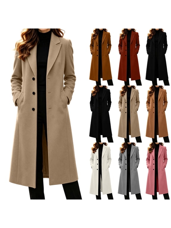 Women's Long Pea Coat Shawl Collar Single Breasted Fall Winter Trench Coat Overcoat Khaki XL