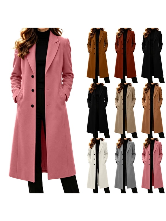 Women's Long Pea Coat Shawl Collar Single Breasted Fall Winter Trench Coat Overcoat Pink 2XL