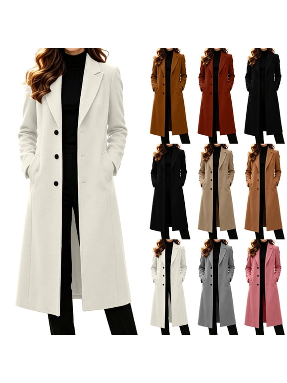 Women's Long Pea Coat Shawl Collar Single Breasted Fall Winter Trench Coat Overcoat White M