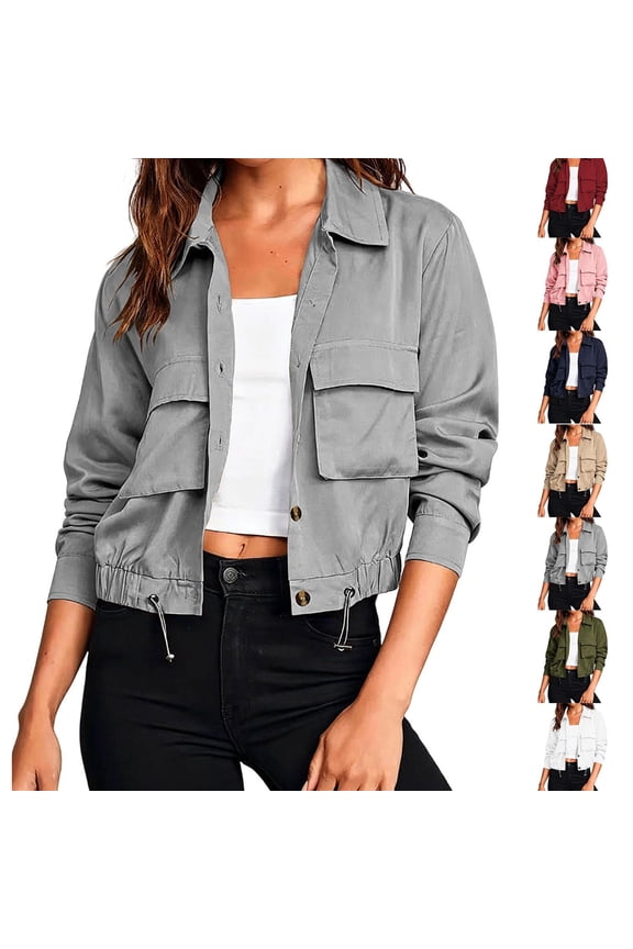 Women's Military Safari Cropped Jackets Casual Solid Button Down Lightweight Oversized Utility Anorak Coat with Pockets Gray M