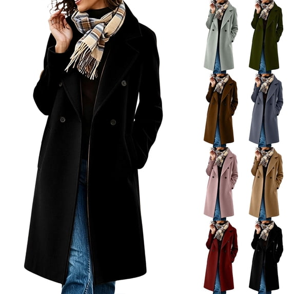 Smsaxvxz Women’s Notched Lapel Double Breasted Pea Coat Long Coats Fall Winter Jackets 2026 Black XL