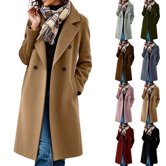 Smsaxvxz Women’s Notched Lapel Double Breasted Pea Coat Long Coats Fall Winter Jackets 2026 Khaki M