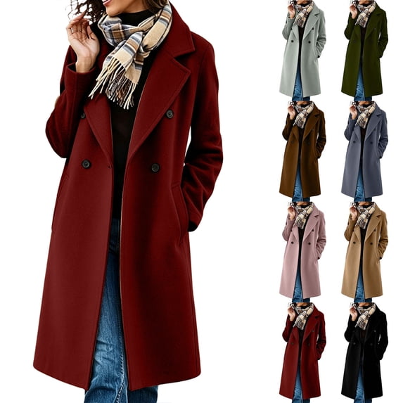 Smsaxvxz Women’s Notched Lapel Double Breasted Pea Coat Long Coats Fall Winter Jackets 2026 Wine 2XL