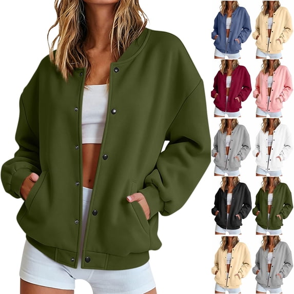 Smsaxvxz Women's Oversized Baseball Jacket 2026 Fall Fashion Long Sleeve Button Coat with Pockets Casual Open Front Sweatshirt Army Green L
