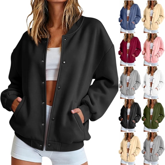 Smsaxvxz Women's Oversized Baseball Jacket 2026 Fall Fashion Long Sleeve Button Coat with Pockets Casual Open Front Sweatshirt Black L