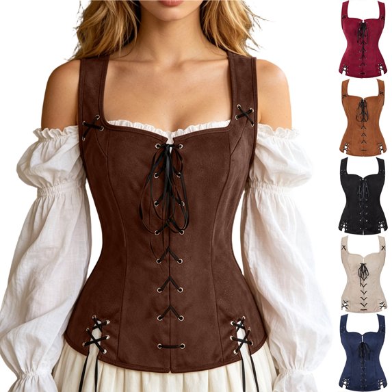 Smsaxvxz Women's Renaissance Corset Lace Up Tops for Women Boho Ren Halloween Costume Coffee M
