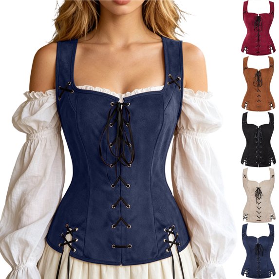 Smsaxvxz Women's Renaissance Corset Lace Up Tops for Women Boho Ren Halloween Costume Navy L