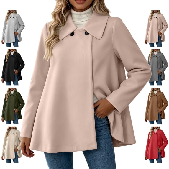 Smsaxvxz Women's Short Wool Blend Coat Wide Lapel Double Breasted A Line Loose Fall Winter Outerwear Casual Solid Overcoat Pink 2XL