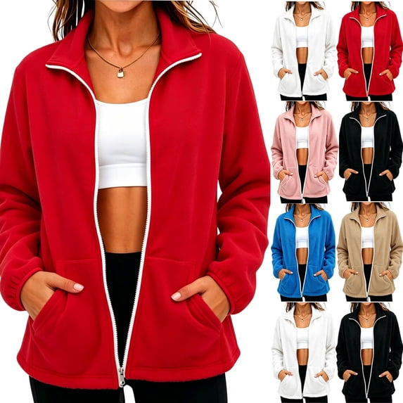 Smsaxvxz Women's Soft Fleece Jacket Lightweight Full Zip Coat Casual Winter Warm Sweaters with Pockets Red M