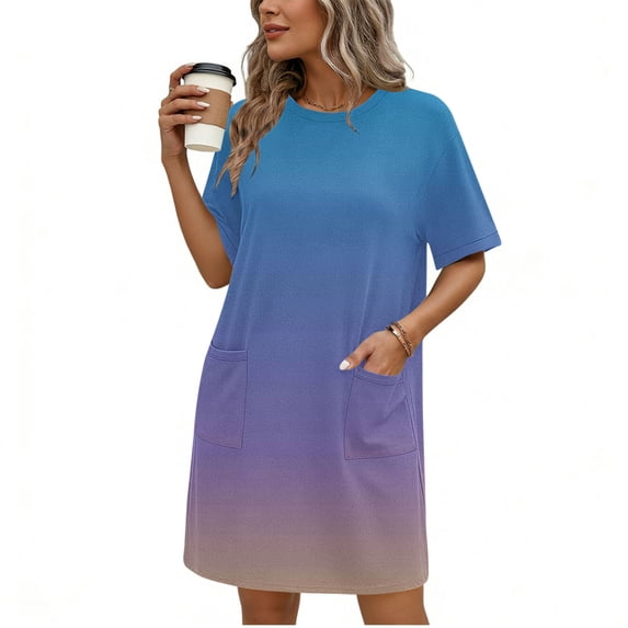 Smsaxvxz Women's Summer Casual T Shirt Dress Fashion Gradient Crew Neck Short Sleeve Mini Dress with Pockets