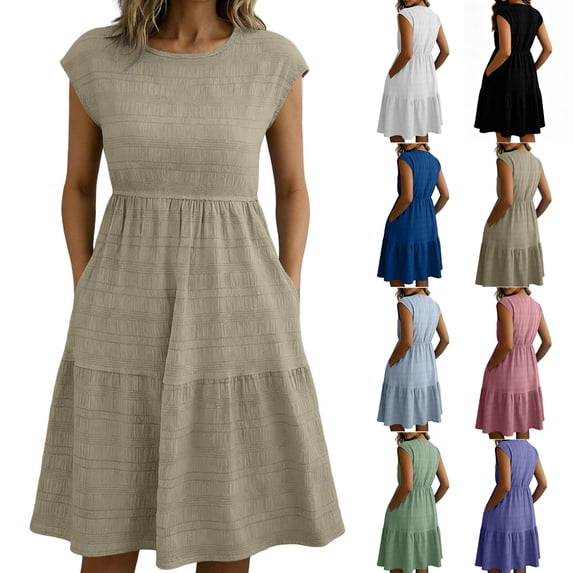 Smsaxvxz Women's Summer Dress Fashion Solid Crew Neck Sleeveless Sundress Casual Loose Flowy Hem Knee Length T-Shirt Mini Dress Khaki L