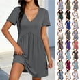 thumbnail image 1 of Smsaxvxz Women's Summer Dress Fashion Solid V Neck Short Sleeve Sundress Casual Loose Flowy Hem Knee Length T-shirts Dress Gray 01 XL, 1 of 8