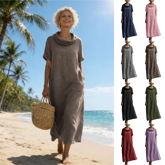 Smsaxvxz Women's Summer Dresses Fashion Crew Neck Short Sleeve Casual Solid Loose Maxi Beach Sundress Coffee 2XL
