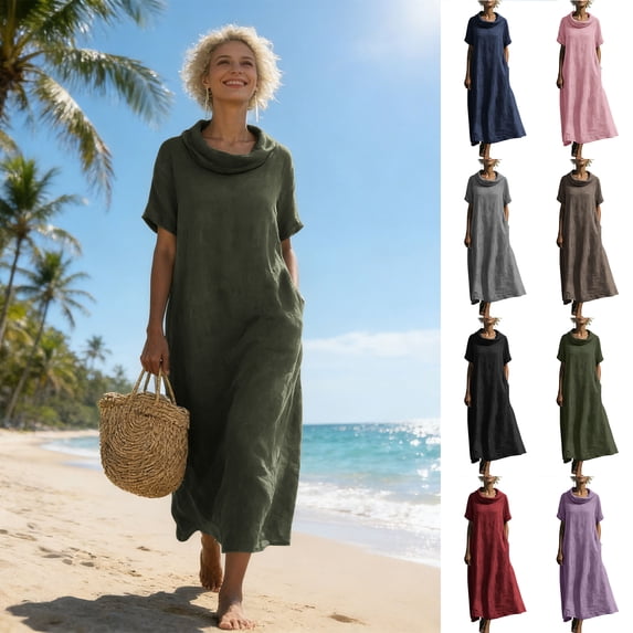 Smsaxvxz Women's Summer Dresses Fashion Crew Neck Short Sleeve Casual Solid Loose Maxi Beach Sundress Green 3XL