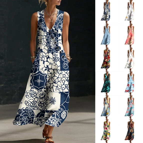 Smsaxvxz Women's Summer Dresses Fashion Floral Printed V Neck Sleeveless Casual Comfortable Beach Vacation Maxi Sundress A-4 XL