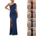 thumbnail image 1 of Smsaxvxz Women's Summer Dresses Fashion Slim One Shoulder Pleated Casual Solid Slit Hem Maxi Sundress Dark Blue XL, 1 of 8