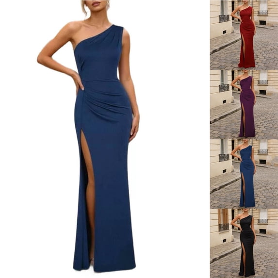 Smsaxvxz Women's Summer Dresses Fashion Slim One Shoulder Pleated Casual Solid Slit Hem Maxi Sundress Dark Blue XL