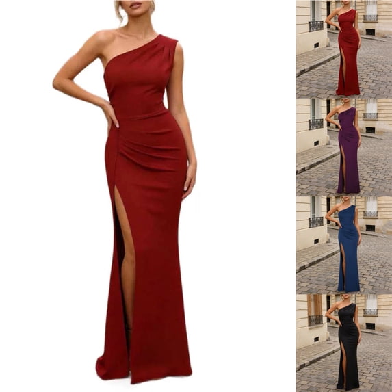 Smsaxvxz Women's Summer Dresses Fashion Slim One Shoulder Pleated Casual Solid Slit Hem Maxi Sundress Red S
