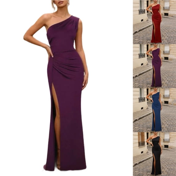 Smsaxvxz Women's Summer Dresses Fashion Slim One Shoulder Pleated Casual Solid Slit Hem Maxi Sundress Wine 2XL