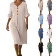 thumbnail image 1 of Smsaxvxz Women's Summer Dresses Fashion Solid Button V-neck Ruffle Short Sleeve Casual Loose Beach Vacation Midi Dress Beige 2XL, 1 of 9
