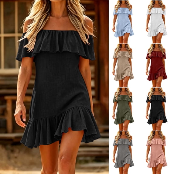 Smsaxvxz Women's Summer Dresses Fashion Solid Off The Shoulder Ruffle Casual Loose Mini Dress Black S