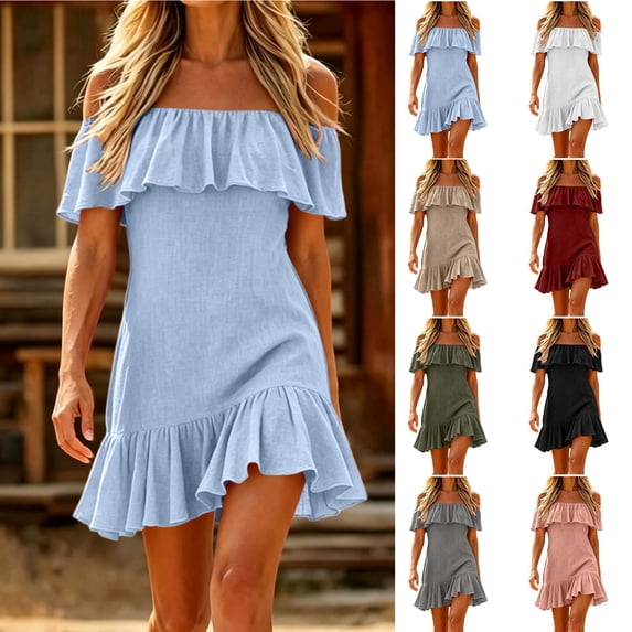 Smsaxvxz Women's Summer Dresses Fashion Solid Off The Shoulder Ruffle Casual Loose Mini Dress Light Blue XL