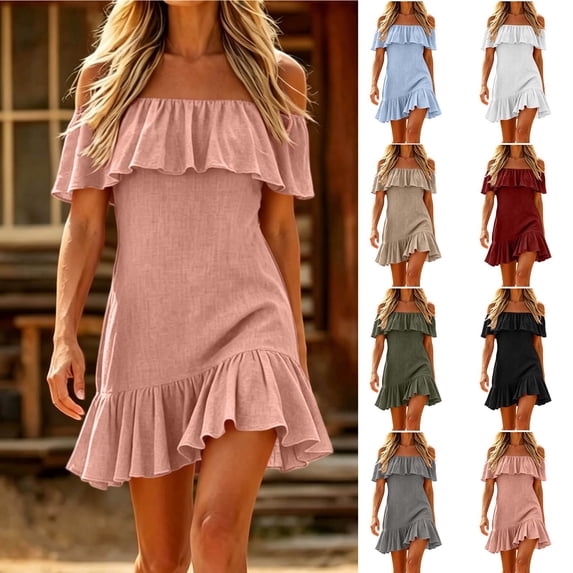 Smsaxvxz Women's Summer Dresses Fashion Solid Off The Shoulder Ruffle Casual Loose Mini Dress Pink 2XL