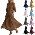thumbnail image 1 of Smsaxvxz Women's Summer Dresses Fashion Solid V Neck 3/4 Sleeve Tie Knot Waist Maxi Dress with Pockets Casual Loose Beach Sundress Brown 2XL, 1 of 7