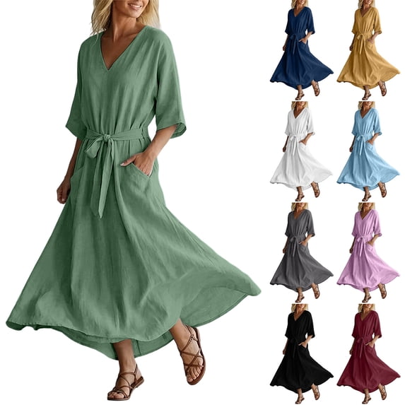 Smsaxvxz Women's Summer Dresses Fashion Solid V Neck 3/4 Sleeve Tie Knot Waist Maxi Dress with Pockets Casual Loose Beach Sundress Light Blue XL