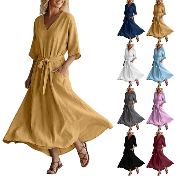 Smsaxvxz Women's Summer Dresses Fashion Solid V Neck 3/4 Sleeve Tie Knot Waist Maxi Dress with Pockets Casual Loose Beach Sundress Yellow XL