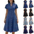 thumbnail image 1 of Smsaxvxz Women's Summer Dresses Fashion Solid V Neck Short Sleeve A Line Sundress Casual Loose Midi T-Shirt Dress Sky Blue L, 1 of 9