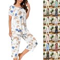 thumbnail image 1 of Smsaxvxz Women's Summer Floral Printed Pajamas Set 2 Piece Fashion Button V Neck T-shirt Tops and Capri Pants Sleepwear Set White XL, 1 of 6