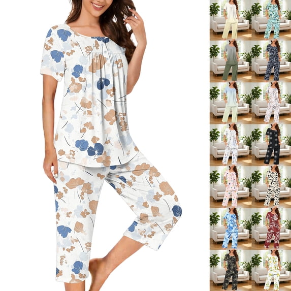 Smsaxvxz Women's Summer Floral Printed Pajamas Set 2 Piece Fashion Button V Neck T-shirt Tops and Capri Pants Sleepwear Set White XL