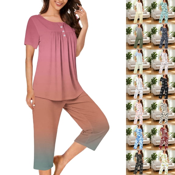Smsaxvxz Women's Summer Gradient Pajamas Set 2 Piece Fashion Button V Neck T-shirt Tops and Capri Pants Sleepwear Set Hot Pink 3XL