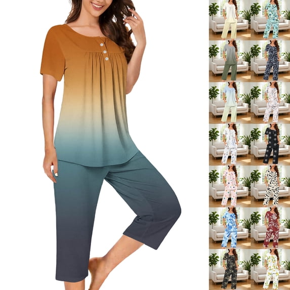 Smsaxvxz Women's Summer Gradient Pajamas Set 2 Piece Fashion Button V Neck T-shirt Tops and Capri Pants Sleepwear Set Navy 3XL